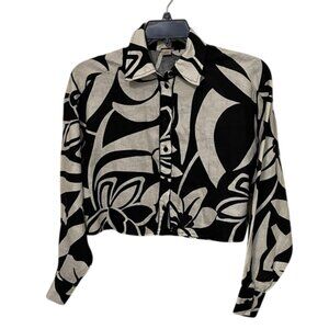 Magaschoni Black & White Floral Linen Cropped Jacket Top Womens Size Small Boxy